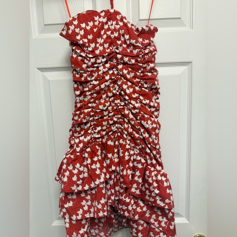 Fiorucci Women’s Red White Chicken Print Ruched Mini Dress Halter Size 42 - Picture 2 of 9
